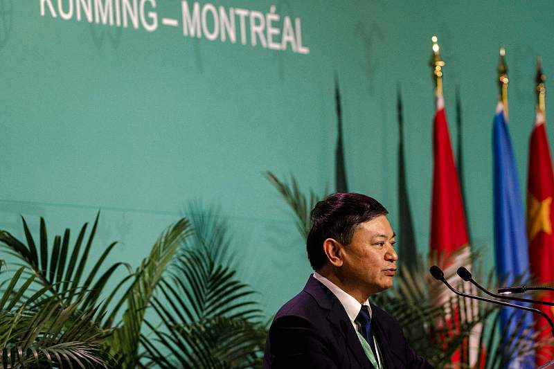 Minister of Ecology and Environment of China, Huang Runqiu, speaks during the opening ceremony of the United Nations COP15 at Plenary Hall of the Palais des congres de Montreal in Montreal, Quebec, Canada, December 6, 2022. /CFP