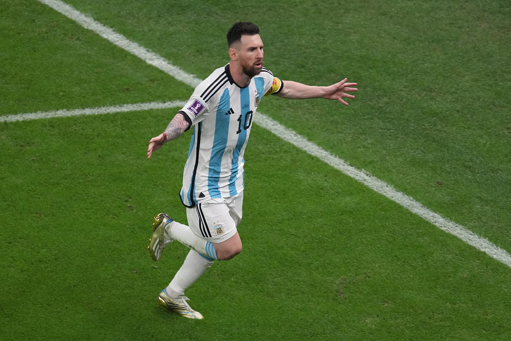 Lionel Messi of Argentina celebrates after scoring a goal in the FIFA World Cup semifinals against Croatia at the Lusail Stadium in Qatar, December 13, 2022. /CFP