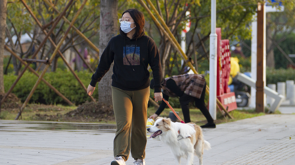 A woman walks her dog in a small square in Wuhan City, capital of central China's Hubei Province, December 12, 2022. /CFP