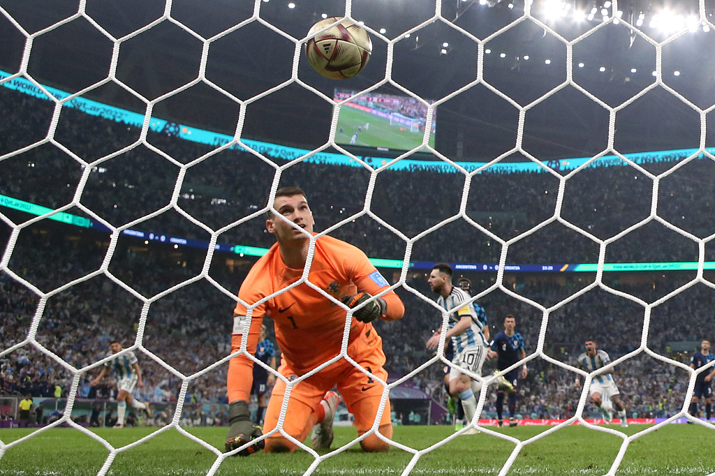 Croatia's goalkeepr Dominik Livakovic fails to save a penalty scored by Argentina's Lionel Messi in the World Cup semifinal round in Lusail City, Qatar, December 13, 2022. /CFP