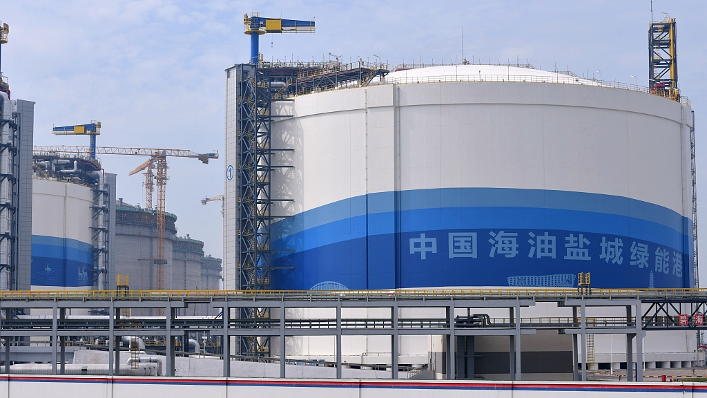 LNG storage tanks are seen in the 