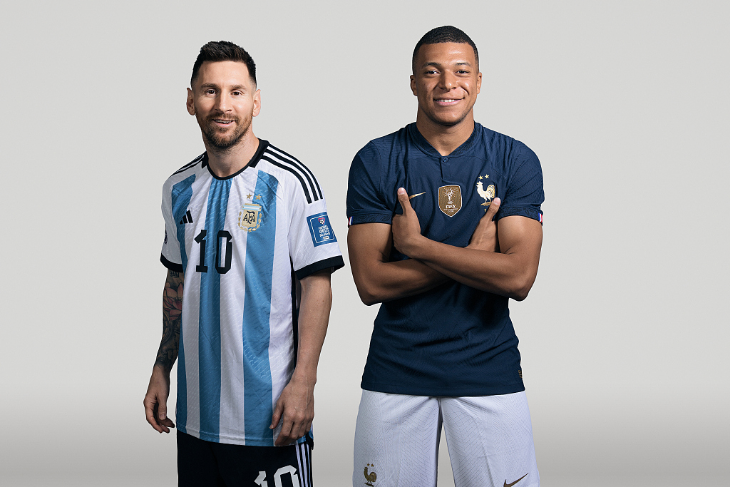 Lionel Messi (L) of Argentina and Kylian Mbappe of France pose for a portrait during the FIFA World Cup in Qatar. The two teams will play each other in the final at Lusail Stadium, December 18, 2022. /CFP