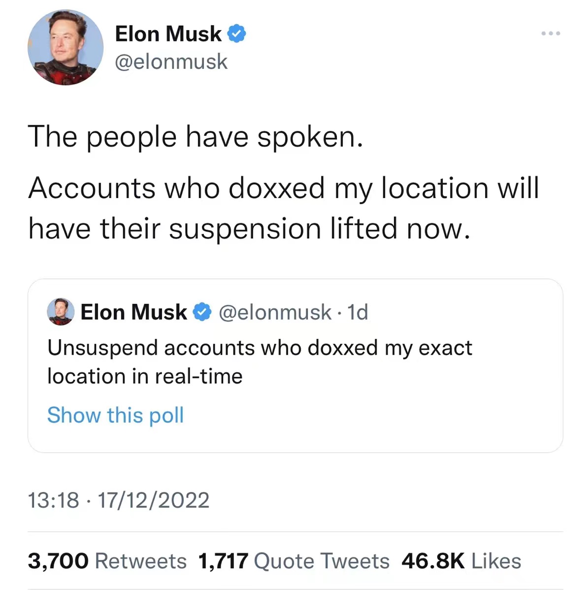Screen shot of Elon Musk's Twitter account.