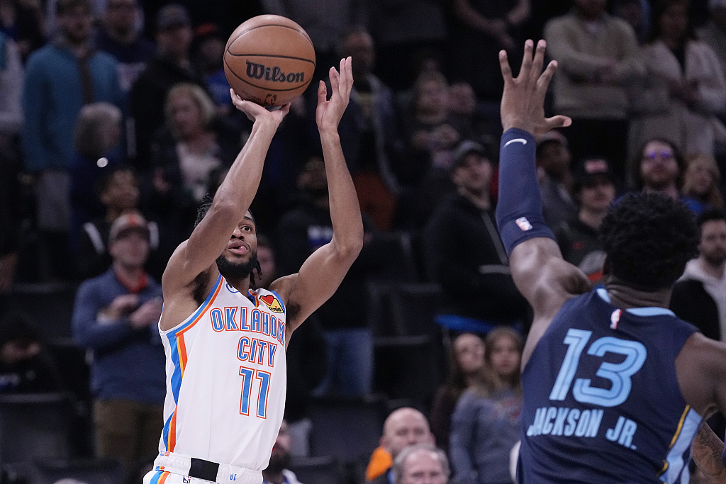 Isaiah Joe (#11) of the Oklagoma City Thunder shoots in the game against the Memphis Grizzlies at Paycom Center in Oklahoma City, Oklahoma, December 17, 2022. /CFP