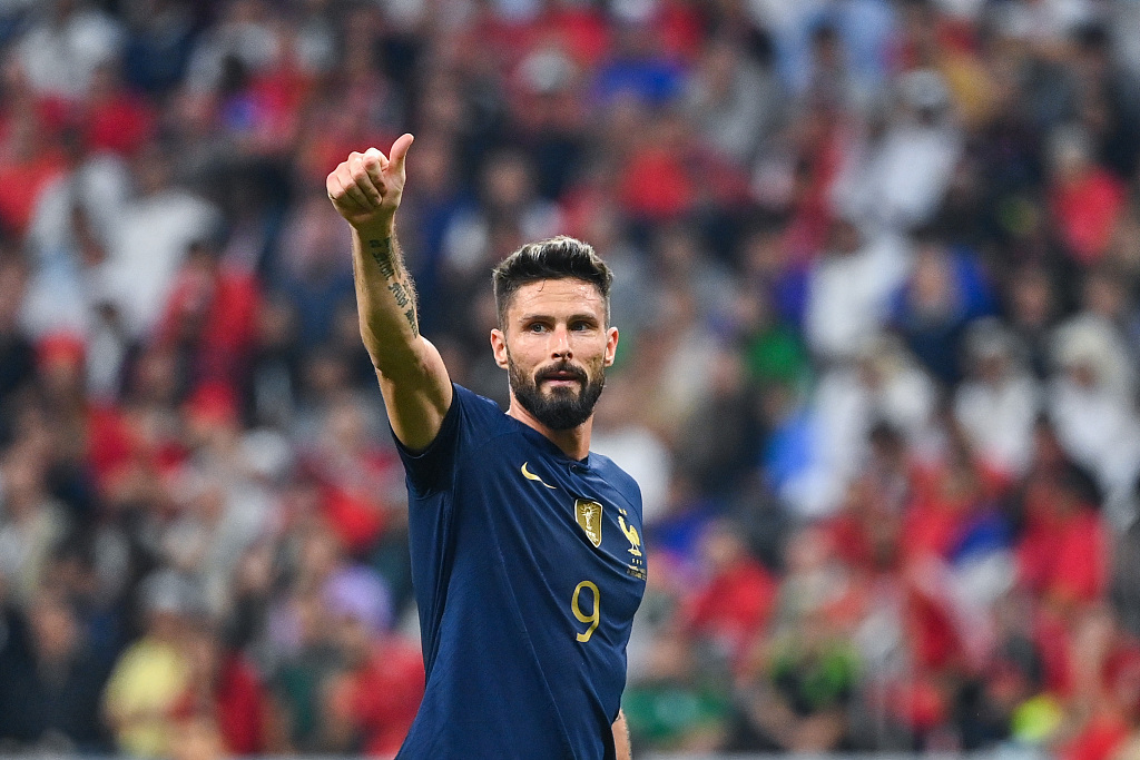 Olivier Giroud of France thumbs up after their 2-0 win over Morocco in the semifinal at Al Bayt Stadium in Al Khor, Qatar, December 14, 2022. /CFP 