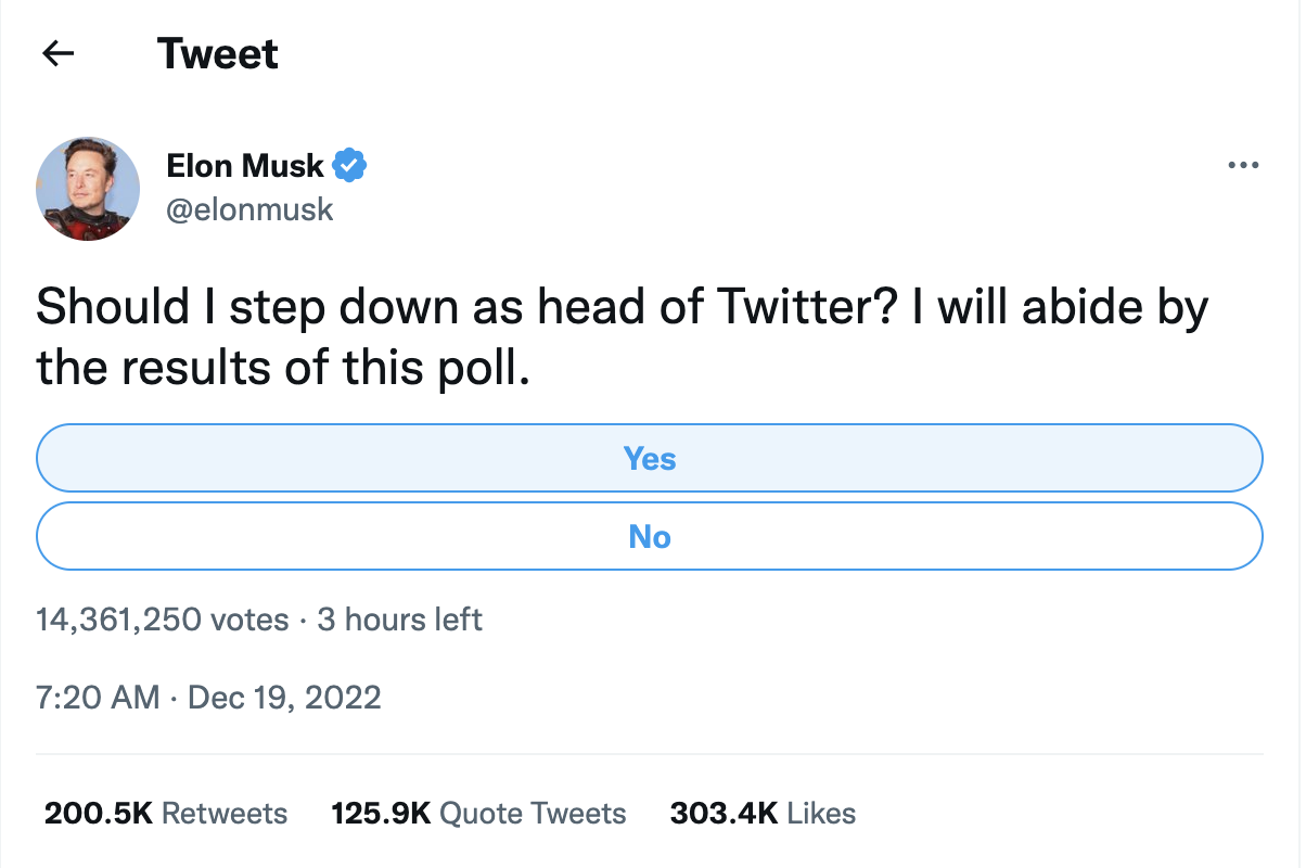 Elon Musk's Twitter poll on December 19. /@elonmusk