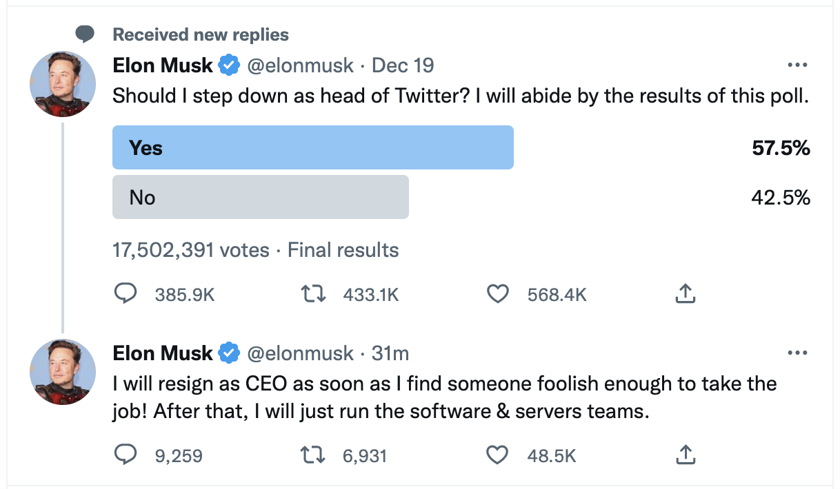 Elon Musk's reply to his Twitter poll, December 21, 2022. /@elonmusk