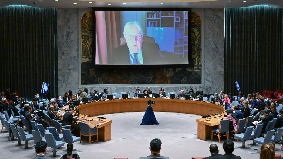 UN Undersecretary-General for Humanitarian Affairs and Emergency Relief Coordinator Martin Griffiths (on the screen) speaks via a video link at a Security Council meeting on Afghanistan at the UN headquarters in New York, U.S., December 20, 2022. /Xinhua
