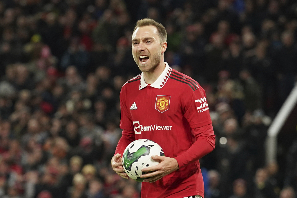 Manchester United's Christian Eriksen reacts after scoring the opening goal during their League Cup clash with Burnley at Old Trafford in Manchester, England, December 21, 2022. /CFP
