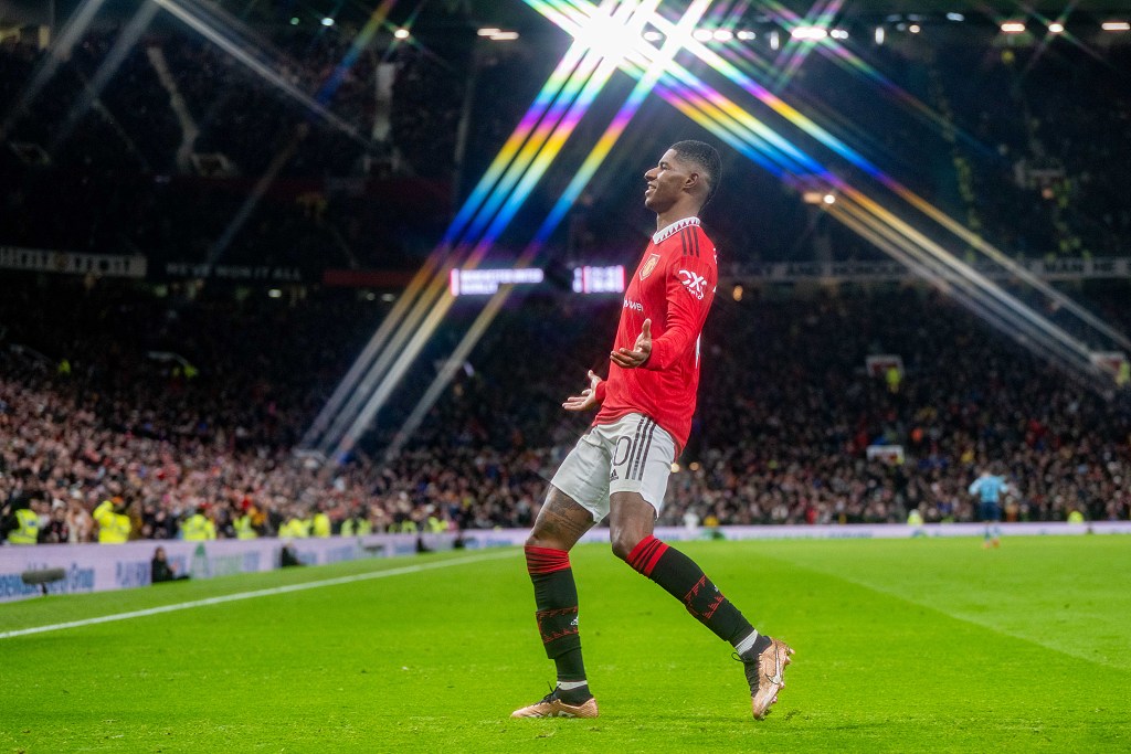 Marcus Rashford of Manchester United celebrates after scoring during their League Cup clash with Burnley at Old Trafford in Manchester, England, December 21, 2022. /CFP