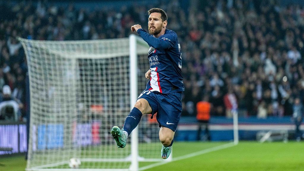 Lionel Messi of Paris Saint-Germain celebrates during his team's Champions League clash with Maccabi Haifa FC at Parc des Princes in Paris, France, October 25, 2022. /CFP