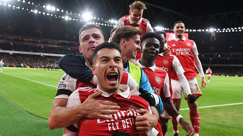 Arsenal players celebrate during their Premier League clash with West Ham United at Emirates Stadium in London, England, December 26, 2022. /CFP