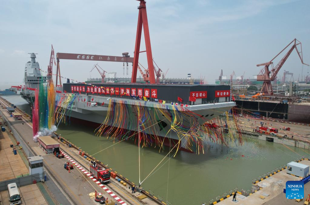 The launch of China's third aircraft carrier, the Fujian, in east China's Shanghai, June 17, 2022. /Xinhua