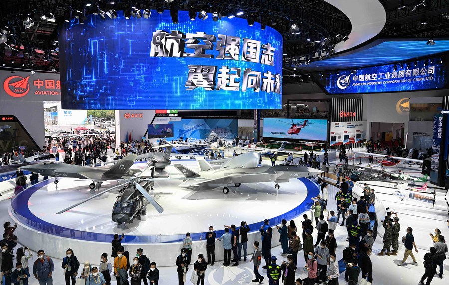 The Aviation Industry Corporation of China (AVIC) exhibition booth at the 14th China International Aviation and Aerospace Exhibition in Zhuhai, south China's Guangdong Province, November 8, 2022. /Xinhua