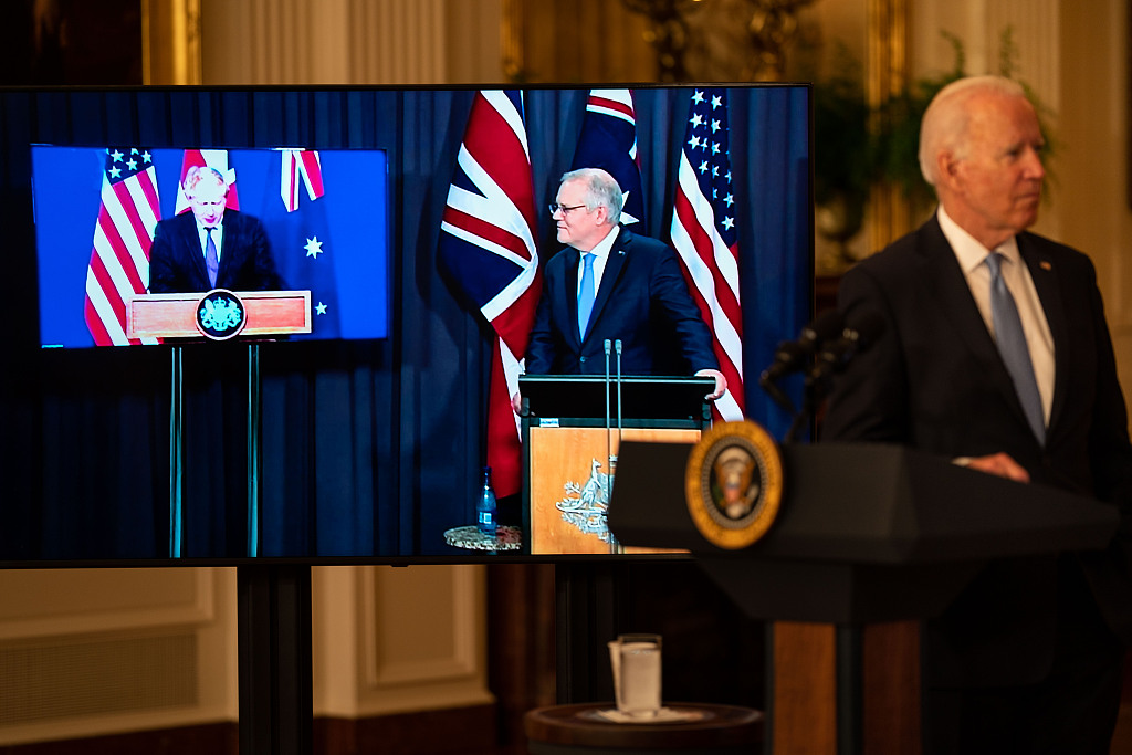 U.S. President Joe Biden delivers remarks as he is joined virtually by Prime Minister Scott Morrison of Australia and Prime Minister Boris Johnson of the United Kingdom, on Wednesday, September 15, 2021 in Washington, DC. /CFP
