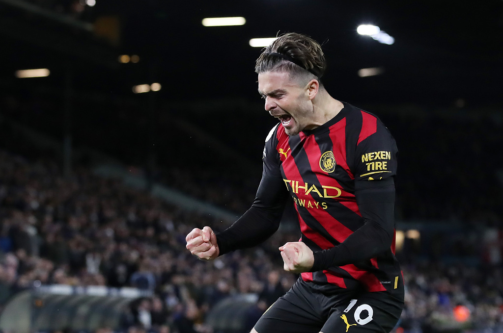 Jack Grealish of Manchester City celebrates after assisting his side's second goal scored by Erling Haaland during the  English Premier League game against Leeds United in Leeds, UK, December 28, 2022. /CFP 