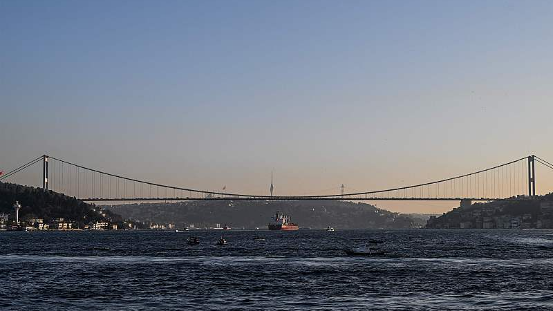 Zante, a cargo vessel carrying Ukrainian grain, sails under Fatih Sultan Mehmet bridge to the Marmara Sea, in Istanbul, Türkiye, November 2, 2022. /CFP