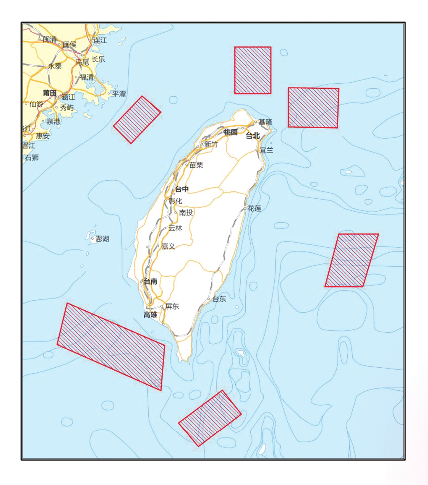 A sketch map released on August 2, 2022 shows the six regions where the People's Liberation Army will conduct important military exercises and training activities including live-fire drills surrounding the Taiwan island from August 4 to 7, 2022. /Xinhua
