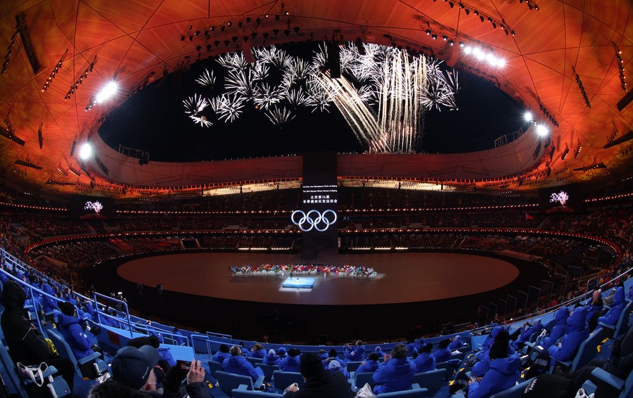Fireworks light up the sky during the opening ceremony of the Beijing 2022 Olympic Winter Games at the National Stadium in Beijing, capital of China, February 4, 2022. /Xinhua