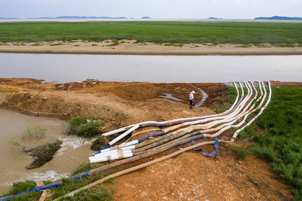 Farmers in Jiujiang City of east China's Jiangxi Province use eight pumpers to suck up water 24 hours a day to irrigate crops, on Aug. 17, 2022,  during the worst drought in 61 years along China's longest river the Yangtze. /VCG