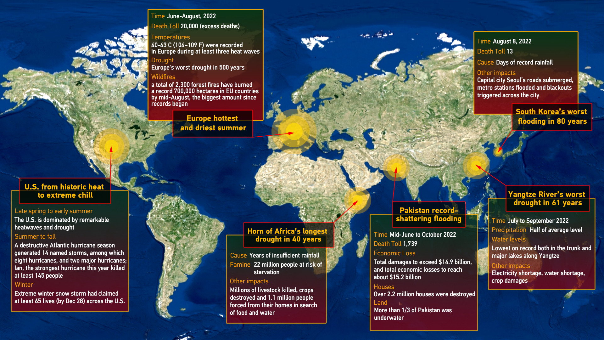 Six major extreme weather events of 2022 on map. /CGTN