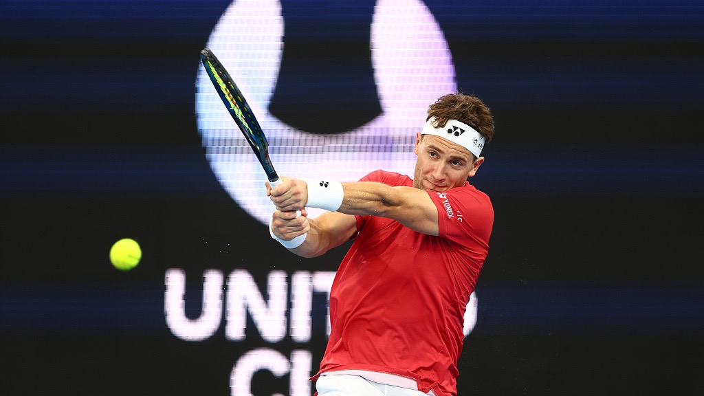 Casper Ruud of Norway plays a backhand in his match against Thiago Monteiro of Brazi during day four of the United Cup at Pat Rafter Arena in Brisbane, Australia, January 1, 2023. /CFP