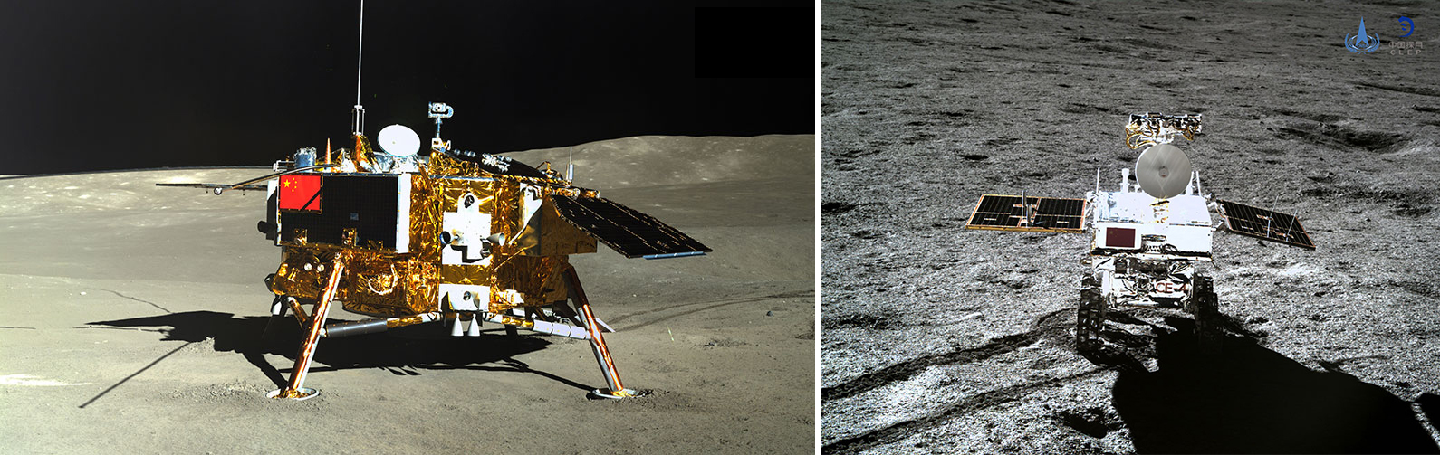 The Chang'e-4 lunar lander (L) captured by Yutu-2's panoramic camera and the Yutu-2 lunar rover (R) captured by a landscape camera installed on Chang'e-4, January 11, 2019. /CNSA