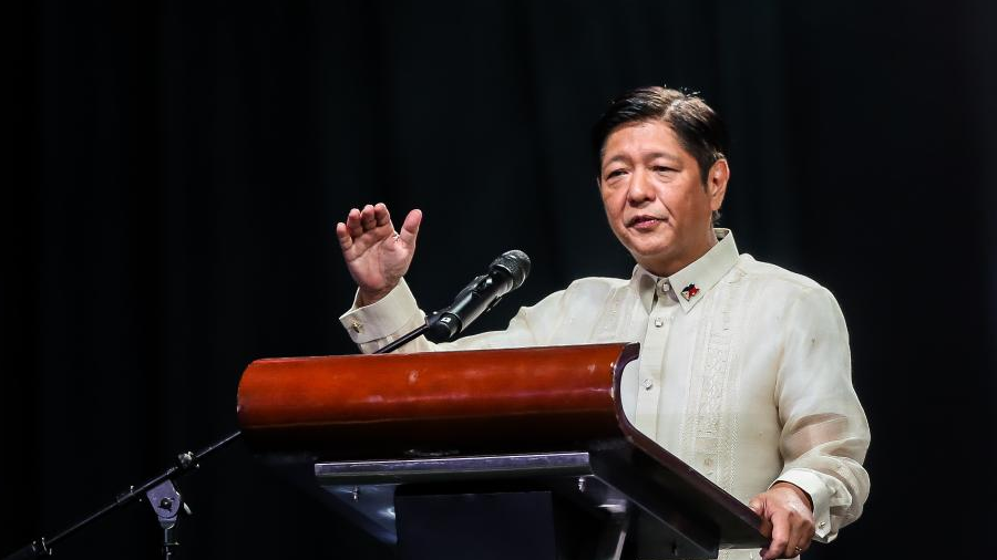 Philippine President Ferdinand Romualdez Marcos delivers a speech during the awarding ceremony to Filipinos that contributed to the promotion of the Philippines-China mutual understanding, in Makati City, the Philippines, June 10, 2022. /Xinhua