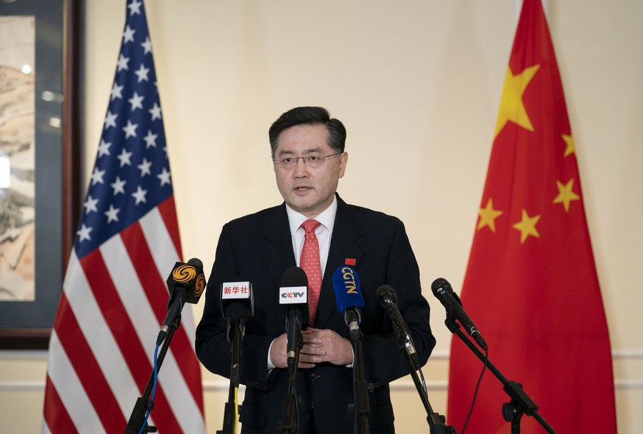Chinese Ambassador to the United States Qin Gang speaks to media upon arrival in the United States, July 28, 2021. /Xinhua