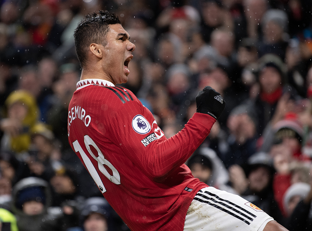 Casemiro of Manchester United celebrates scoring the first goal during their Premier League clash with Bournemouth at Old Trafford in Manchester, England, January 3, 2023. /CFP