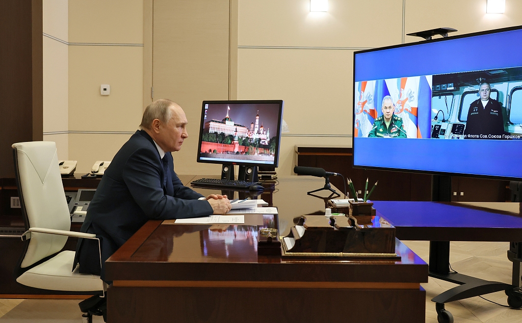 Russian President Vladimir Putin attends the commissioning ceremony of the Admiral Gorshkov frigate via videoconferencing in Moscow, Russia, January 4, 2023. /CFP
