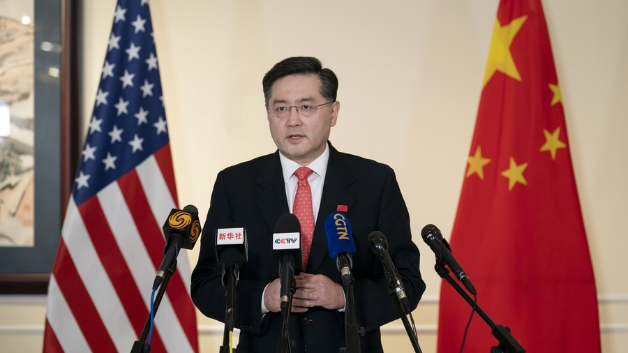 Then Chinese Ambassador to the United States Qin Gang speaks to media upon arrival in the United States, July 28, 2021. /Xinhua