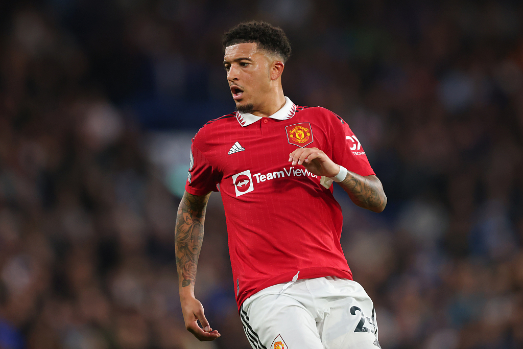 Jadon Sancho of Manchester United looks on in the Premier League game against Chelsea at Stamford Bridge in London, England, October 22, 2022. /CFP 