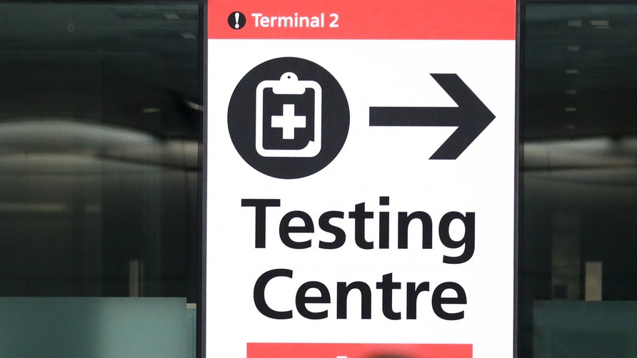 A sign indicating the testing center in Heathrow Airport in London, Britain, March 18, 2022. /Xinhua