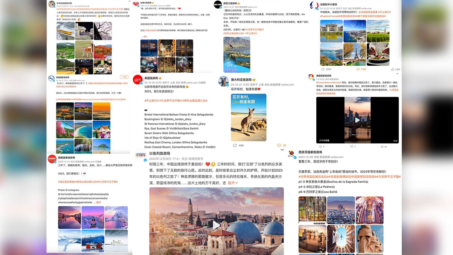 On China's Twitter-like service Weibo, governments worldwide post photos and videos of famous tourist attractions to leave an impression on prospective Chinese travelers shortly after China announced the lifting of its COVID-19 travel restrictions. 
