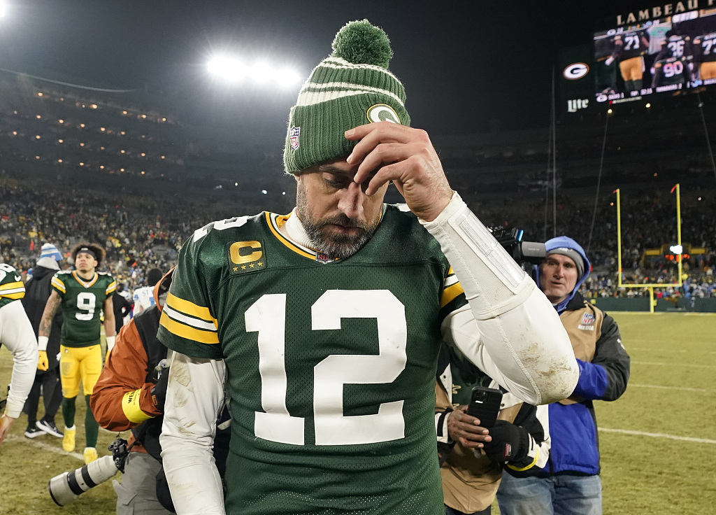 Quarterback Aaron Rodgers (#12) of the Green Bay Packers looks on after the 20-16 loss against the Detroit Lions at Lambeau Field in Green Bay, Wisconsin, January 8, 2023. /CFP