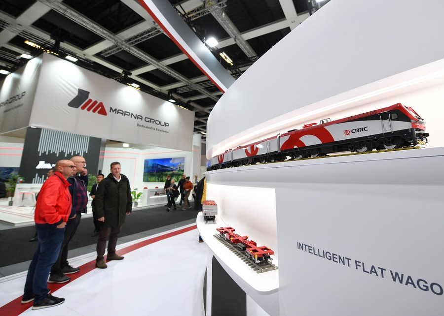 People visit the exhibition area of Chinese train maker CRRC Corporation Limited at InnoTrans, a railway industry trade fair, in Berlin, Germany, September 20, 2022. /Xinhua