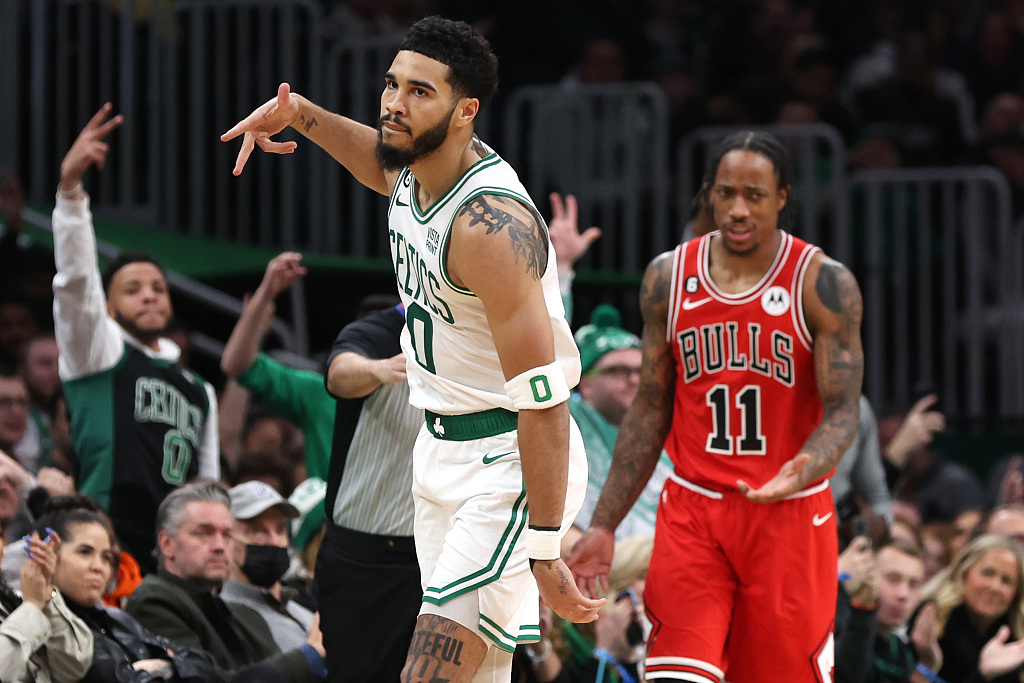 Jayson Tatum (#0) of the Boston Celtics reacts after making a 3-pointer in the game against the Chicago Buls at TD Garden in Boston, Massachusetts, January 9, 2023. /CFP