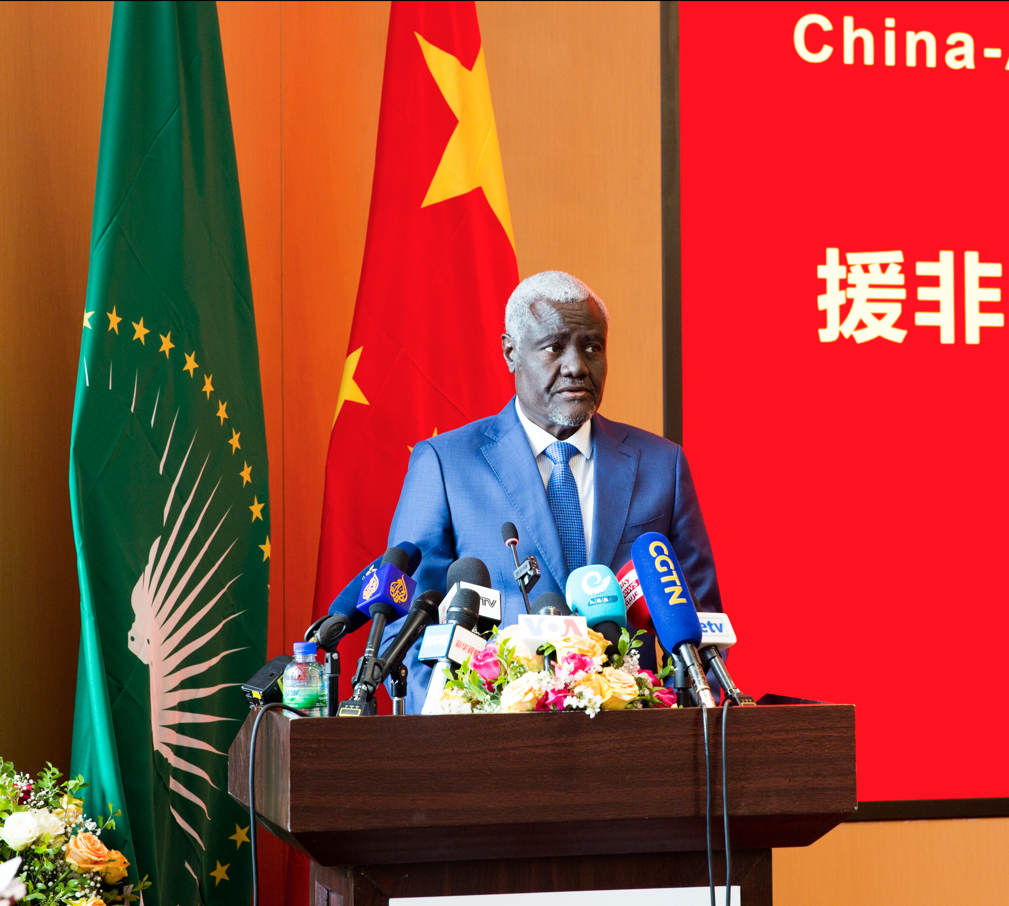 Chairperson of the African Union (AU) Commission Moussa Faki Mahamat delivers a speech at the completion ceremony for the China-aided Africa CDC Headquarters, January 11, 2023. /CGTN