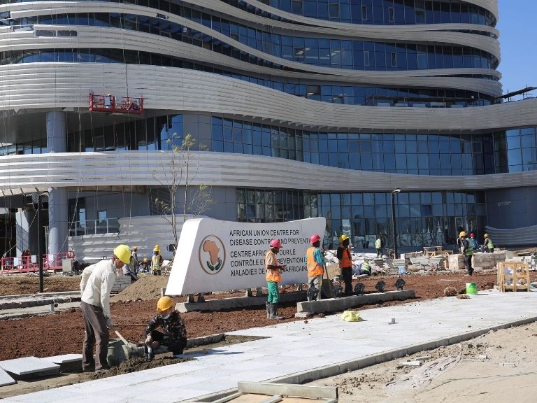 Local workers at the construction site of the Africa CDC HQ building in Addis Ababa, Ethiopia. /CCECC