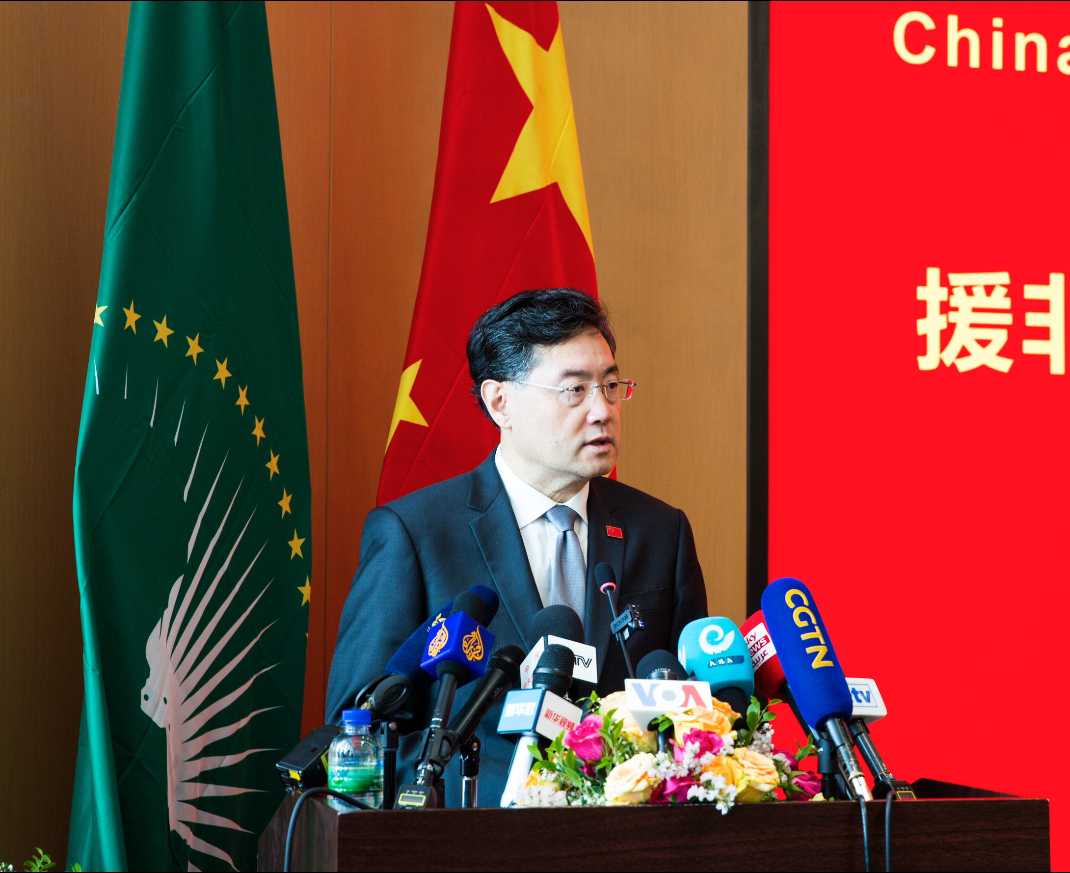 Chinese Foreign Minister Qin Gang delivers a speech at the completion ceremony for the China-aided Africa CDC Headquarters, January 11, 2023. /CGTN