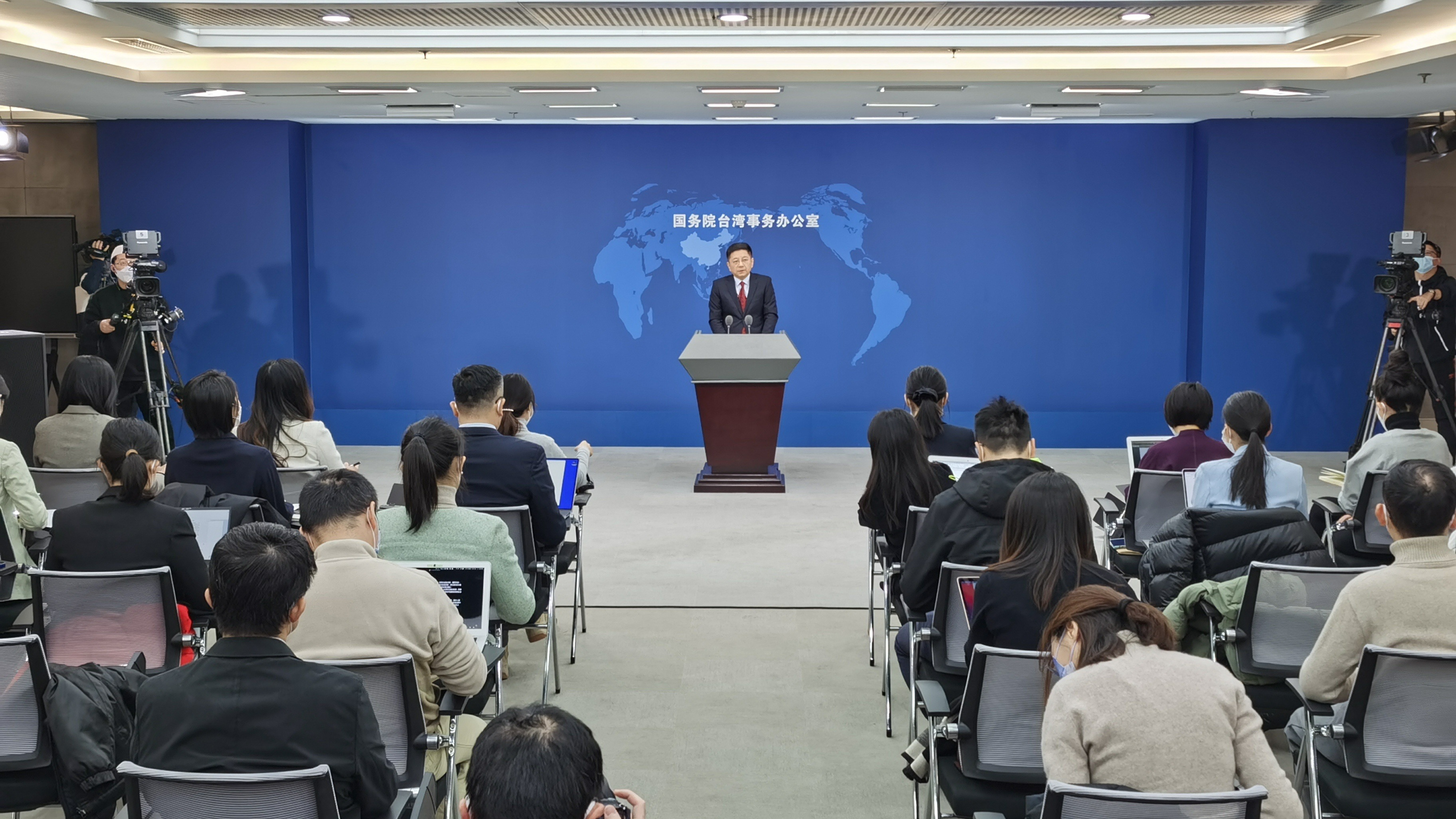 Ma Xiaoguang, a spokesperson for the Taiwan Affairs Office of the State Council, takes questions at a regular press conference, January 11, 2023. /CMG
