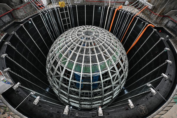 The plexiglass spherical structure, the core structure for China's next-generation neutrino detector, the Jiangmen Underground Neutrino Observatory (JUNO), in Jiangmen City of south China's Guangdong Province. /China Media Group