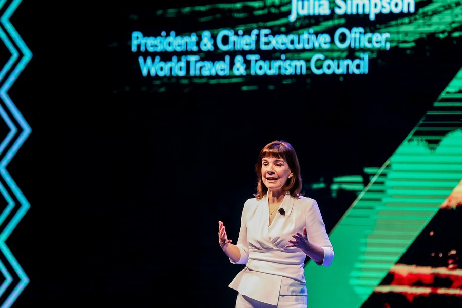 World Travel & Tourism Council (WTTC) president and CEO Julia Simpson speaks onstage during the WTTC Global Summit in Pasay City, the Philippines, April 21, 2022. /Xinhua