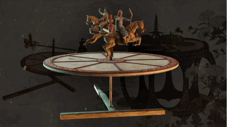 3D modeling of the spinning wheel with figures on the horseback. /CGTN