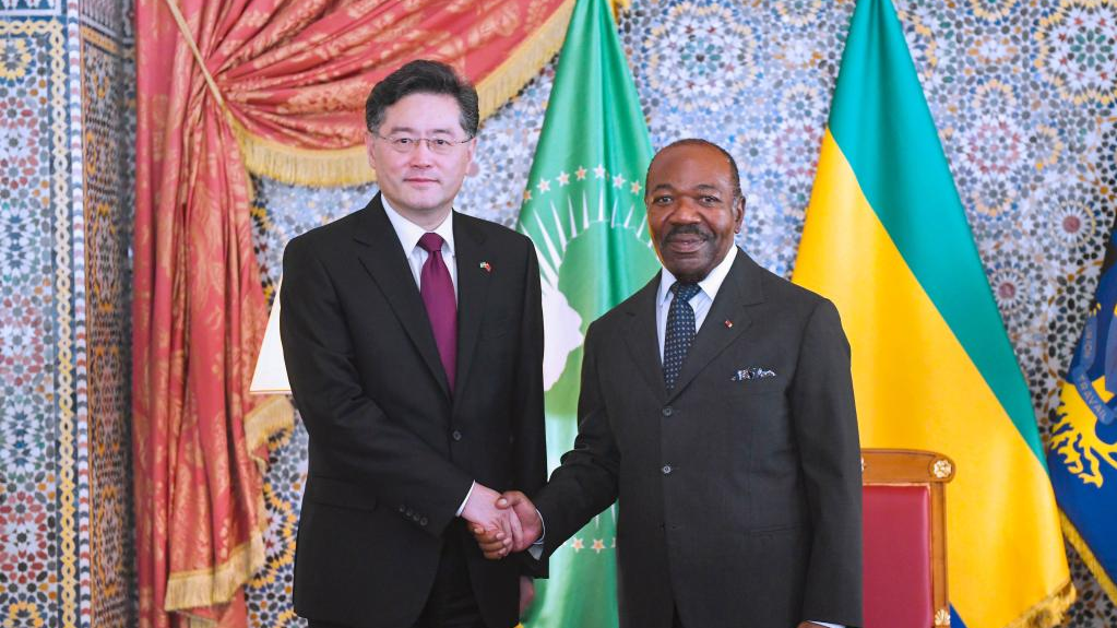 Gabonese President Ali Bongo Ondimba meets with visiting Chinese Foreign Minister Qin Gang in Libreville, Gabon, January 12, 2023. /Xinhua