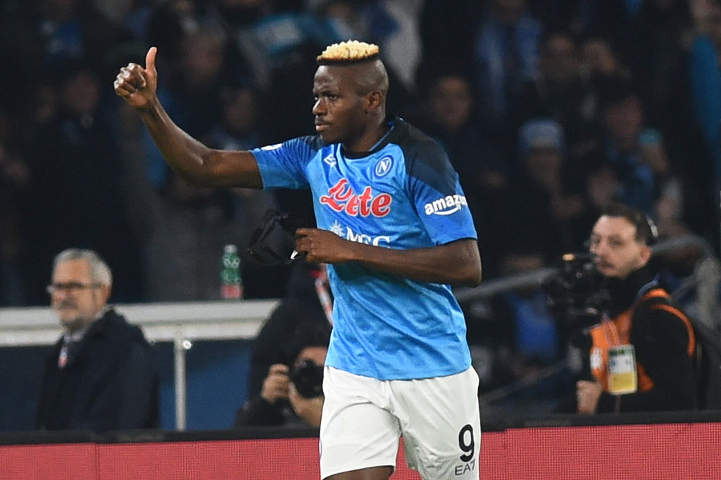 Victor Osimhen of Napoli celebrates after scoring a goal during the Serie A match between Napoli and Juventus at the Diego Maradona stadium in Naples, Italy, January 13, 2023. /CFP