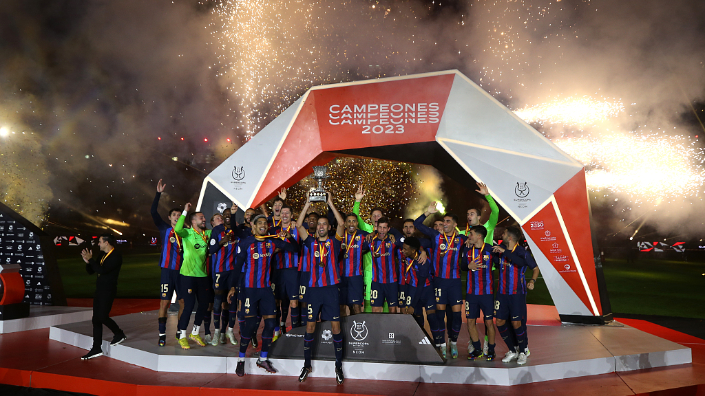 Barcelona celebrate winning the Spanish Super Cup in Riyadh, Saudi Arabia, January 15, 2023. /CFP