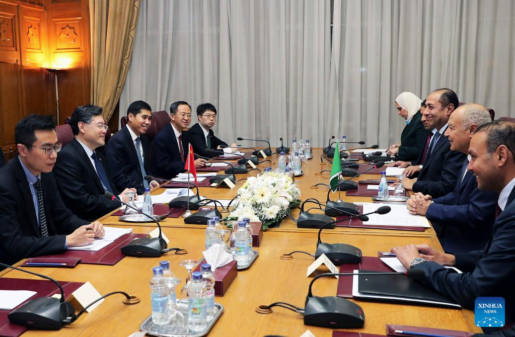 Chinese Foreign Minister Qin Gang (2nd L) holds talks with Arab League Secretary-General Ahmed Aboul Gheit (2nd R) in Cairo, Egypt, January 15, 2023. /Xinhua
