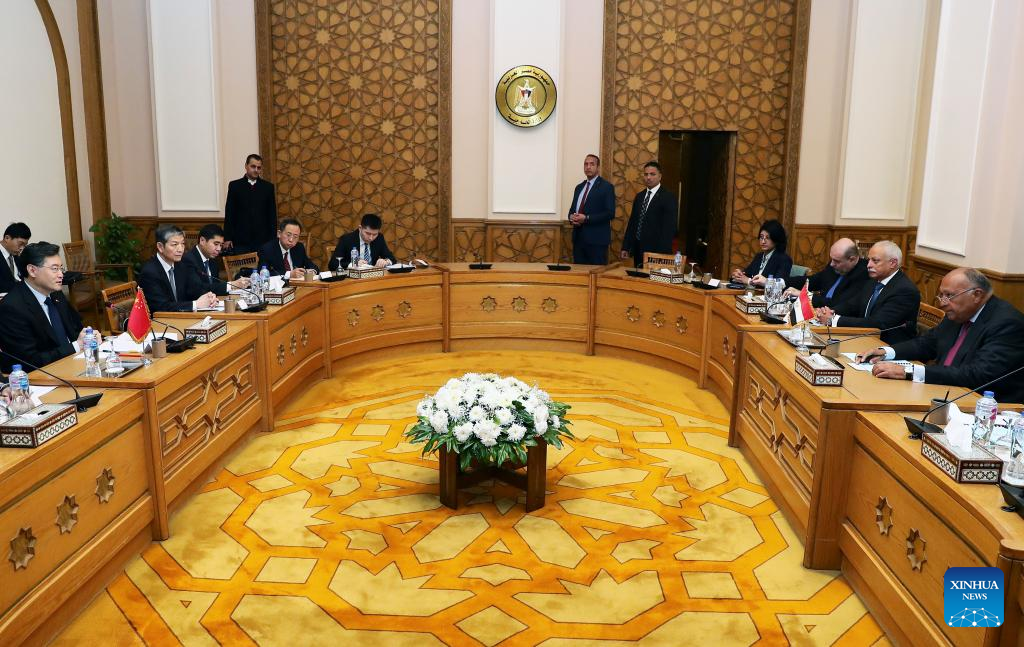 Chinese Foreign Minister Qin Gang (L) holds talks with Egyptian Foreign Minister Sameh Shoukry in Cairo, Egypt, January 15, 2023. /Xinhua